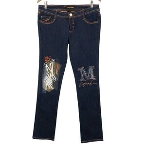 Miskeen Women's Graffiti Skinny Jeans Size 11 Painted & Embroidered Dark Wash